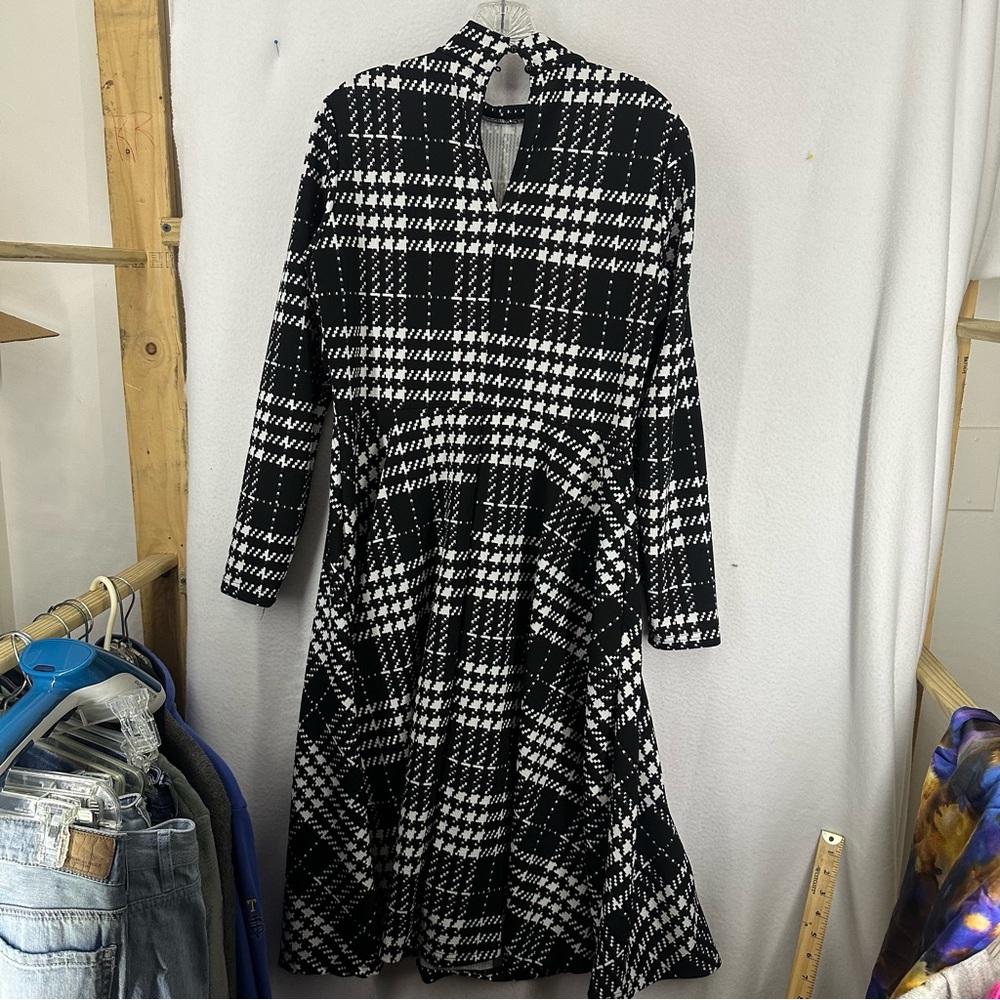 Long Aline Plaid Mock Neck Long Sleeve Dress Business Attire‎ Work Large Black - Picture 9 of 9